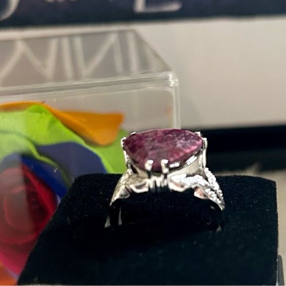 💍 Women’s 14K White Gold over Solid Sterling Silver 925. Ruby and Diamond Ring - Picture 3 of 9